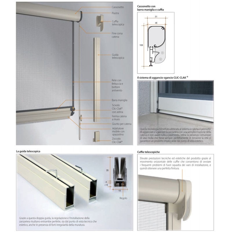 Mosquito Net Bettio range Click-Clack Cassone rounded Vertical Chain